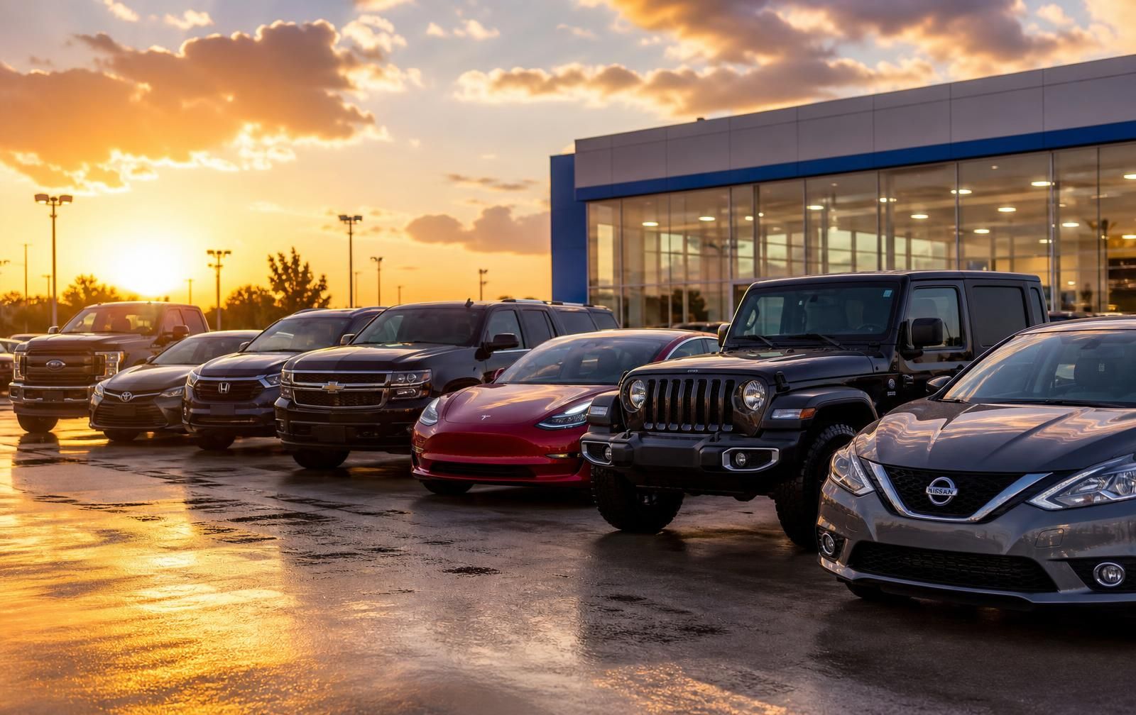 Used vehicles lined up at a dealership at sunset